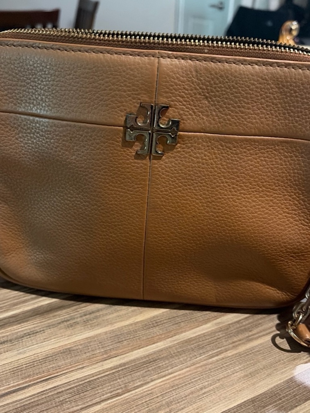 Tory Burch Tan Pebbled Leather Crossbody with Gold Logo